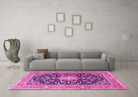 Machine Washable Medallion Pink Traditional Rug, wshtr1584pnk