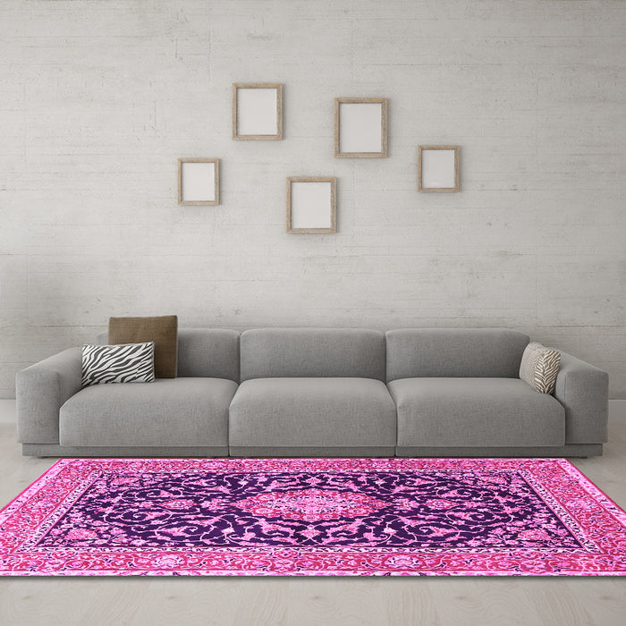 Machine Washable Medallion Pink Traditional Rug in a Living Room, wshtr1584pnk