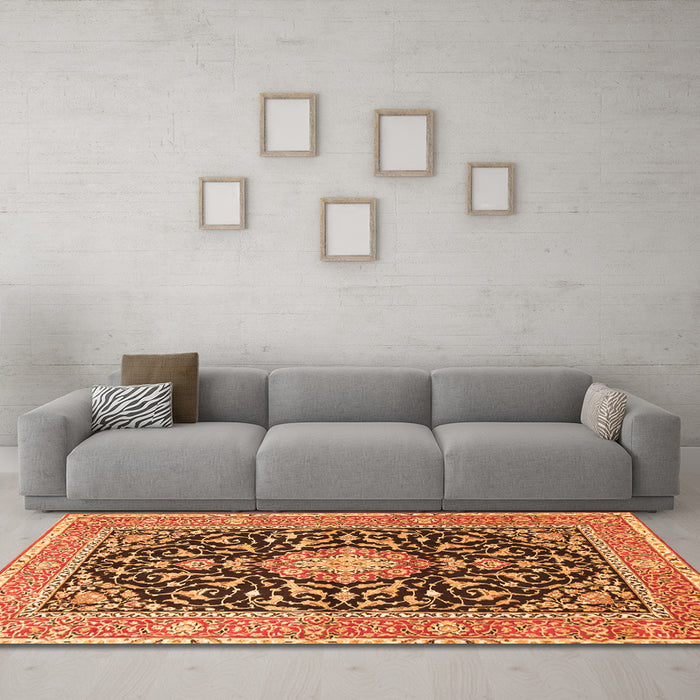Machine Washable Medallion Orange Traditional Area Rugs in a Living Room, wshtr1584org