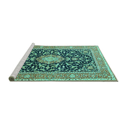 Sideview of Machine Washable Medallion Turquoise Traditional Area Rugs, wshtr1584turq
