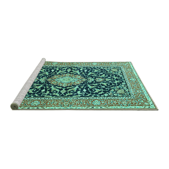 Sideview of Machine Washable Medallion Turquoise Traditional Area Rugs, wshtr1584turq