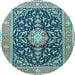 Round Machine Washable Medallion Light Blue Traditional Rug, wshtr1584lblu