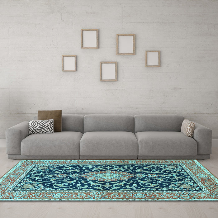 Machine Washable Medallion Light Blue Traditional Rug in a Living Room, wshtr1584lblu