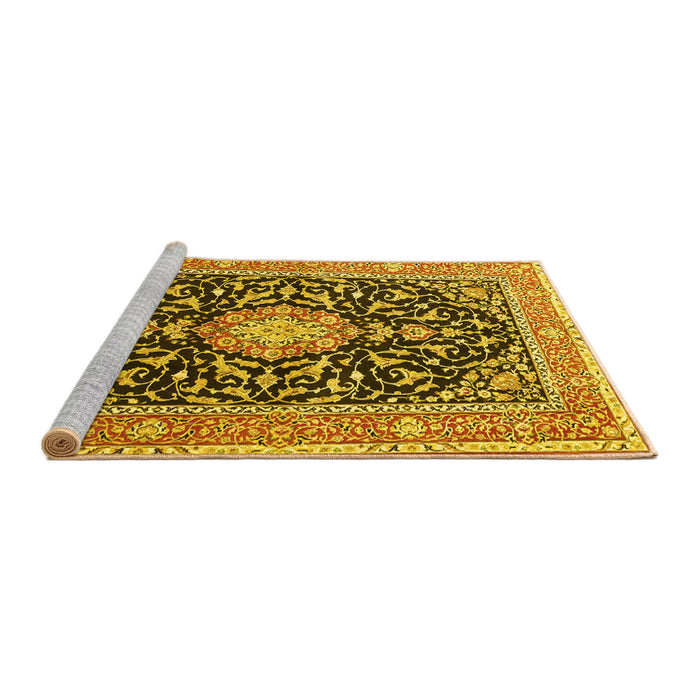 Sideview of Machine Washable Medallion Yellow Traditional Rug, wshtr1584yw