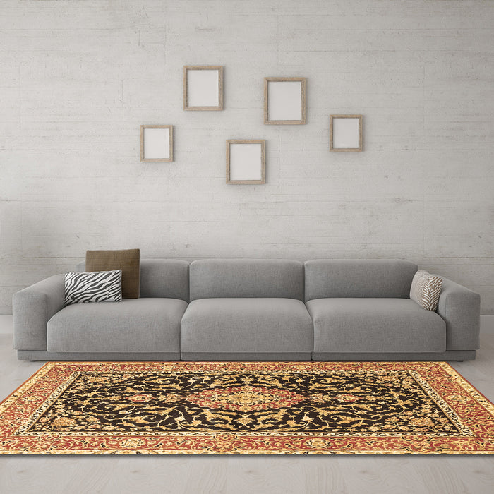Machine Washable Medallion Brown Traditional Rug in a Living Room,, wshtr1584brn