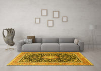 Machine Washable Medallion Yellow Traditional Rug, wshtr1584yw