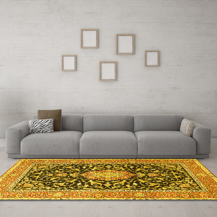 Machine Washable Medallion Yellow Traditional Rug in a Living Room, wshtr1584yw