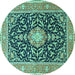 Round Machine Washable Medallion Turquoise Traditional Area Rugs, wshtr1584turq