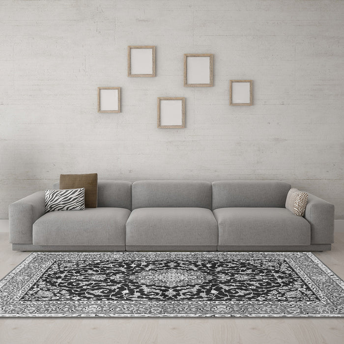 Machine Washable Medallion Gray Traditional Rug in a Living Room,, wshtr1584gry