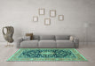 Machine Washable Medallion Turquoise Traditional Area Rugs in a Living Room,, wshtr1584turq