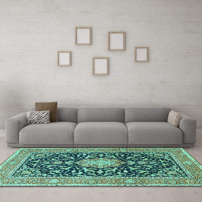 Machine Washable Medallion Turquoise Traditional Area Rugs in a Living Room,, wshtr1584turq