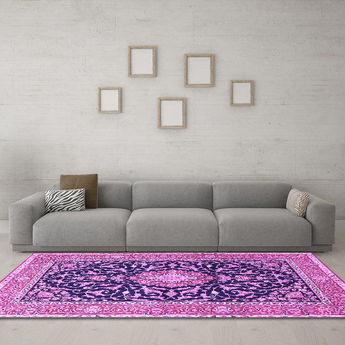 Machine Washable Medallion Purple Traditional Area Rugs in a Living Room, wshtr1584pur