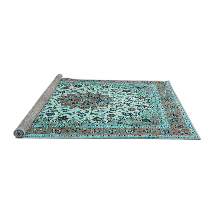 Sideview of Machine Washable Medallion Light Blue Traditional Rug, wshtr1585lblu