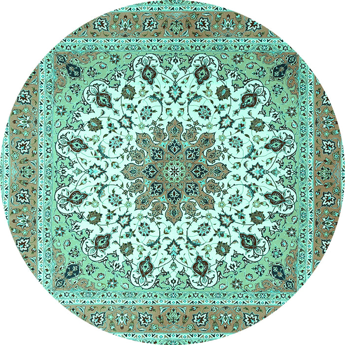 Round Machine Washable Medallion Turquoise Traditional Area Rugs, wshtr1585turq