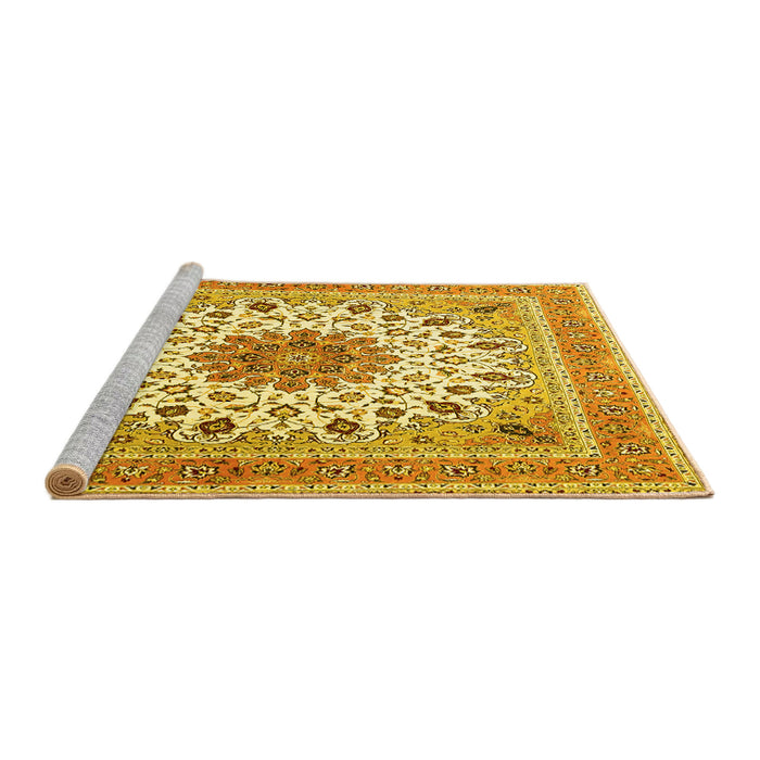 Sideview of Machine Washable Medallion Yellow Traditional Rug, wshtr1585yw