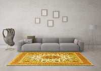 Machine Washable Medallion Yellow Traditional Rug, wshtr1585yw