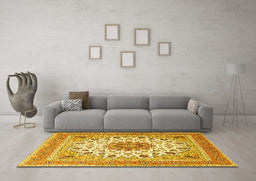 Machine Washable Medallion Yellow Traditional Rug in a Living Room, wshtr1585yw