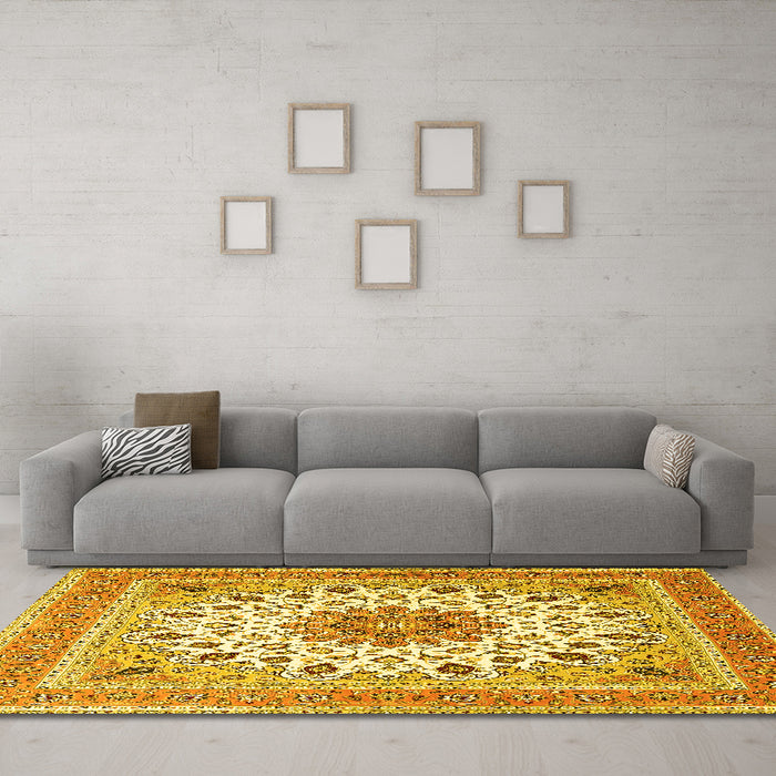 Machine Washable Medallion Yellow Traditional Rug in a Living Room, wshtr1585yw