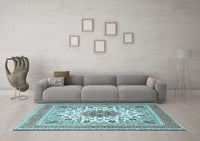 Machine Washable Medallion Light Blue Traditional Rug, wshtr1585lblu