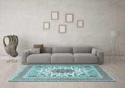 Machine Washable Medallion Light Blue Traditional Rug in a Living Room, wshtr1585lblu