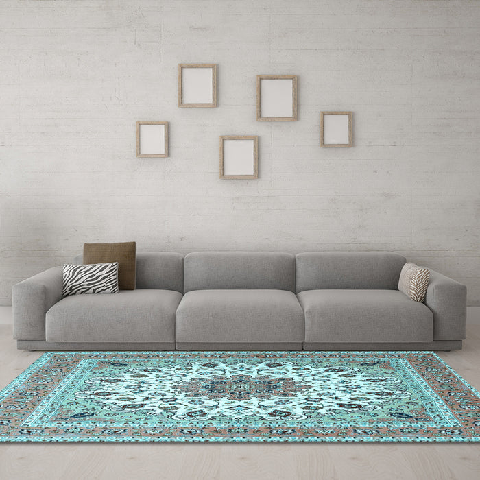 Machine Washable Medallion Light Blue Traditional Rug in a Living Room, wshtr1585lblu
