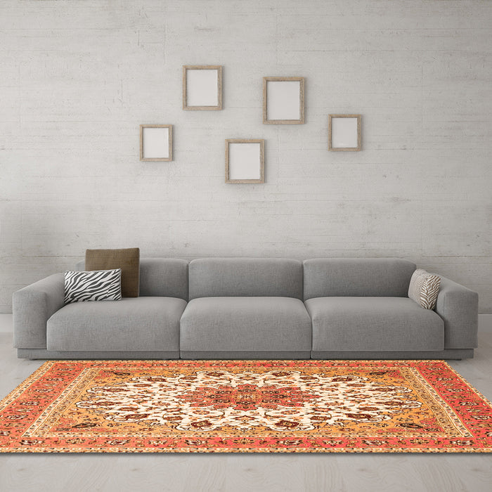 Machine Washable Medallion Orange Traditional Area Rugs in a Living Room, wshtr1585org