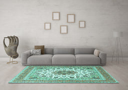 Machine Washable Medallion Turquoise Traditional Area Rugs in a Living Room,, wshtr1585turq
