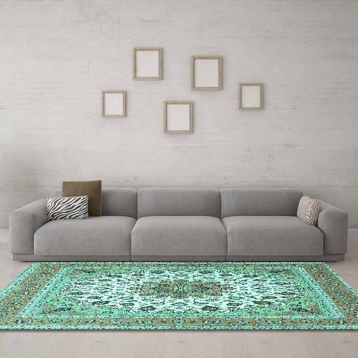 Machine Washable Medallion Turquoise Traditional Area Rugs in a Living Room,, wshtr1585turq