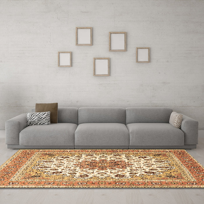 Machine Washable Medallion Brown Traditional Rug in a Living Room,, wshtr1585brn