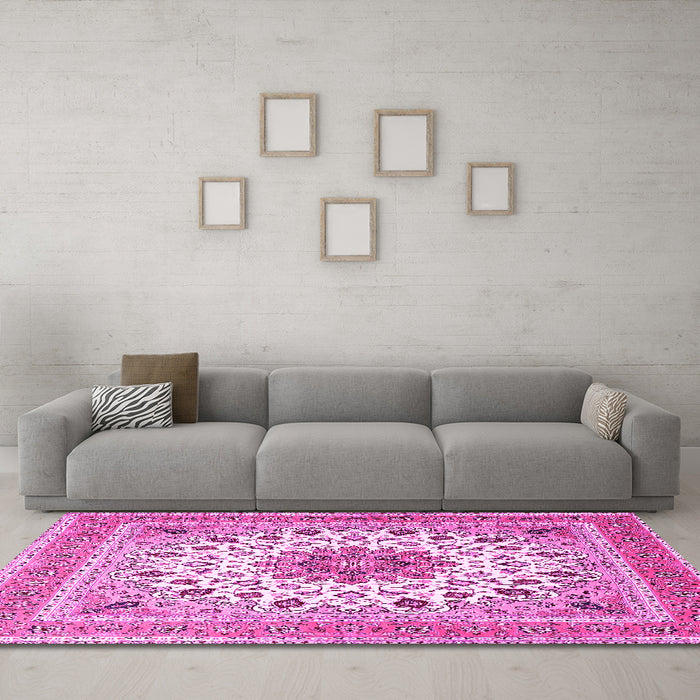 Machine Washable Medallion Pink Traditional Rug in a Living Room, wshtr1585pnk