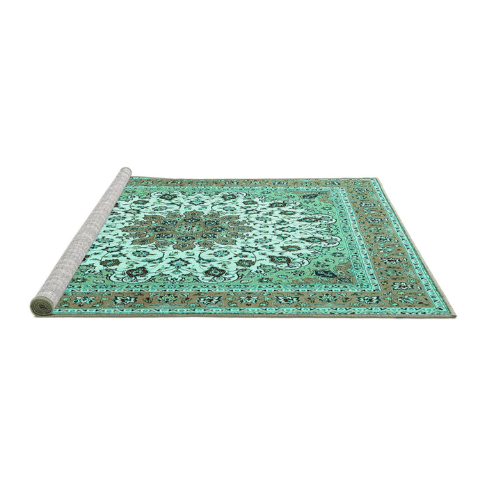 Sideview of Machine Washable Medallion Turquoise Traditional Area Rugs, wshtr1585turq