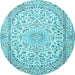 Round Machine Washable Medallion Light Blue Traditional Rug, wshtr1587lblu