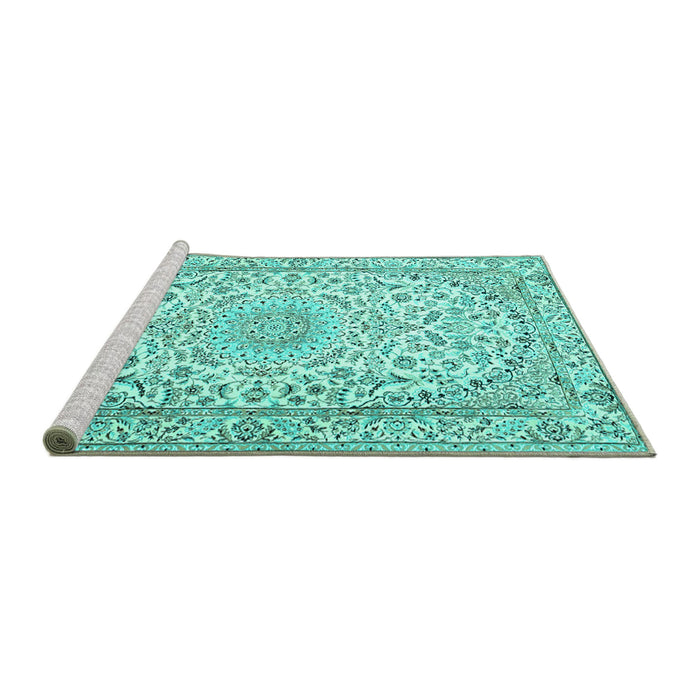 Sideview of Machine Washable Medallion Turquoise Traditional Area Rugs, wshtr1587turq