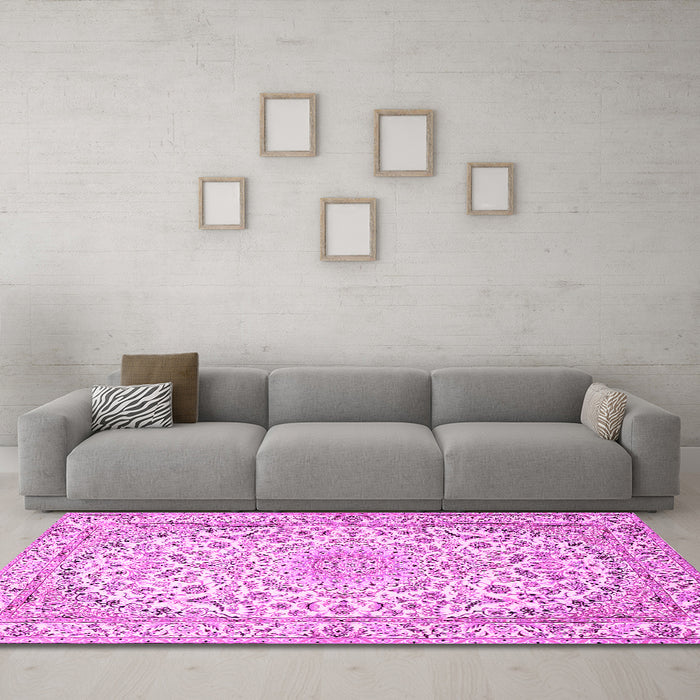 Machine Washable Medallion Pink Traditional Rug in a Living Room, wshtr1587pnk