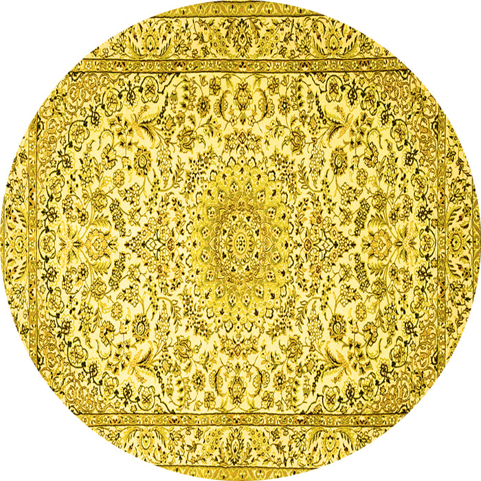 Round Machine Washable Medallion Yellow Traditional Rug, wshtr1587yw