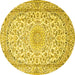 Round Machine Washable Medallion Yellow Traditional Rug, wshtr1587yw