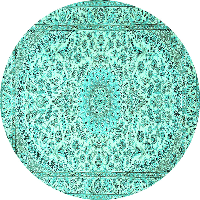 Round Machine Washable Medallion Turquoise Traditional Area Rugs, wshtr1587turq