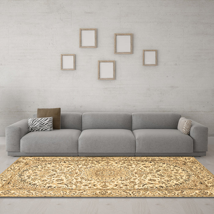 Machine Washable Medallion Brown Traditional Rug in a Living Room,, wshtr1587brn