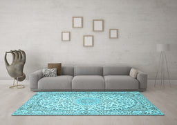 Machine Washable Medallion Light Blue Traditional Rug in a Living Room, wshtr1587lblu