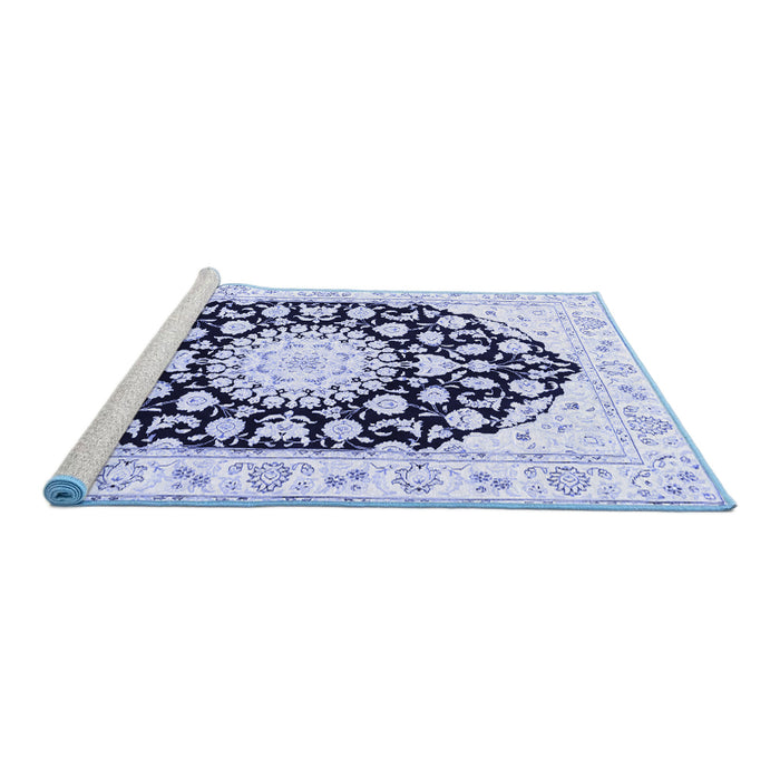 Sideview of Machine Washable Medallion Blue Traditional Rug, wshtr1588blu