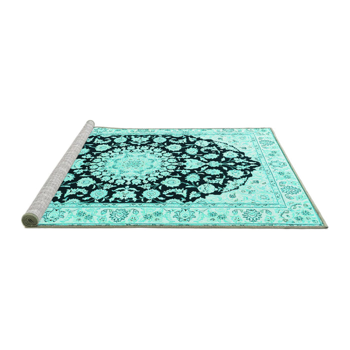 Sideview of Machine Washable Medallion Turquoise Traditional Area Rugs, wshtr1588turq