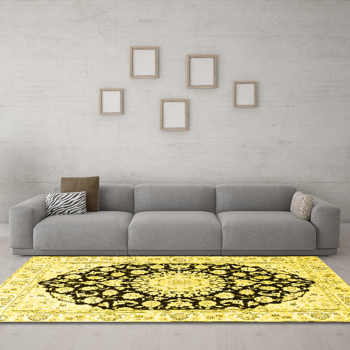 Machine Washable Medallion Yellow Traditional Rug in a Living Room, wshtr1588yw