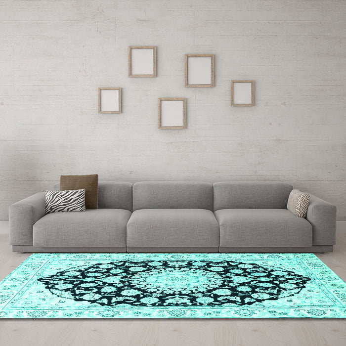 Machine Washable Medallion Turquoise Traditional Area Rugs in a Living Room,, wshtr1588turq