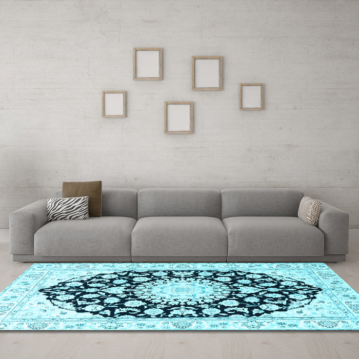 Machine Washable Medallion Light Blue Traditional Rug in a Living Room, wshtr1588lblu