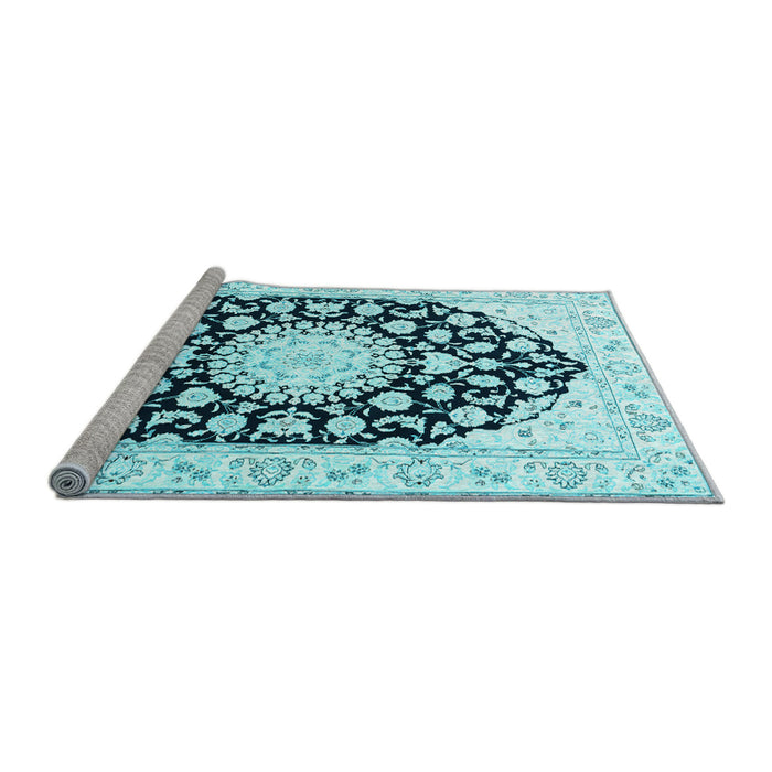 Sideview of Machine Washable Medallion Light Blue Traditional Rug, wshtr1588lblu