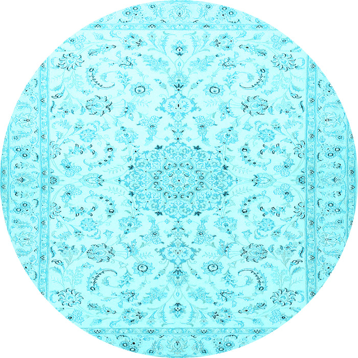 Round Machine Washable Medallion Light Blue Traditional Rug, wshtr1589lblu
