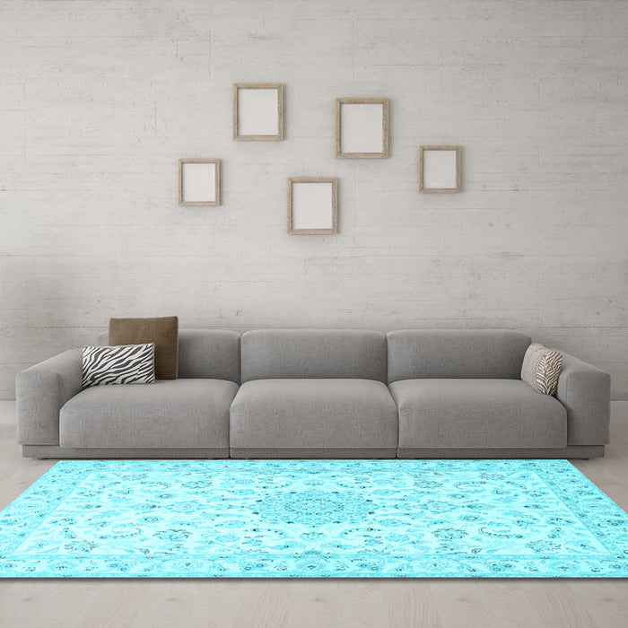 Machine Washable Medallion Light Blue Traditional Rug in a Living Room, wshtr1589lblu