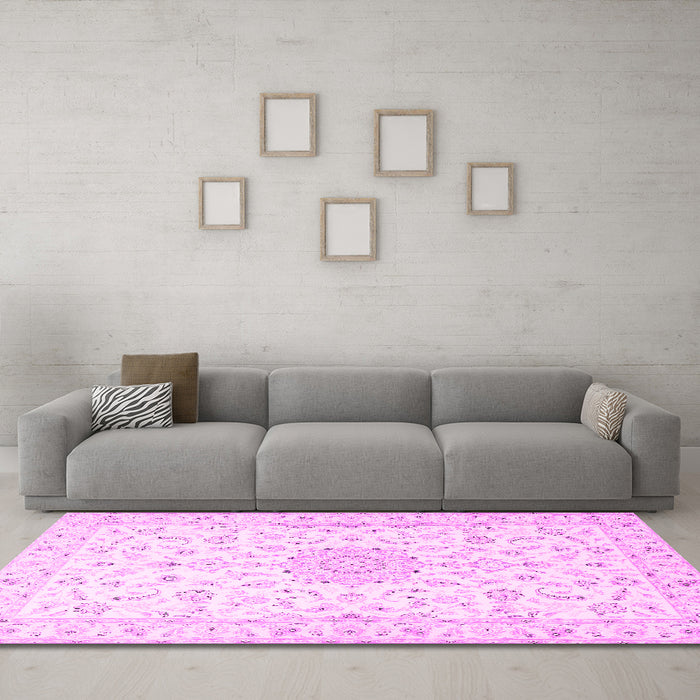Machine Washable Medallion Pink Traditional Rug in a Living Room, wshtr1589pnk