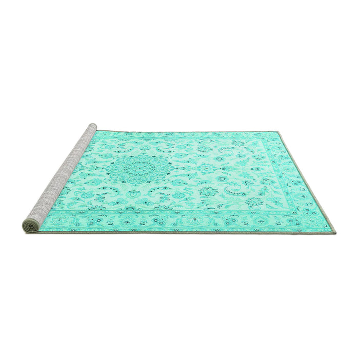 Sideview of Machine Washable Medallion Turquoise Traditional Area Rugs, wshtr1589turq