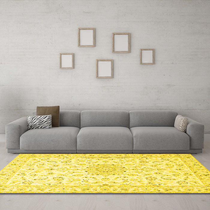 Machine Washable Medallion Yellow Traditional Rug in a Living Room, wshtr1589yw